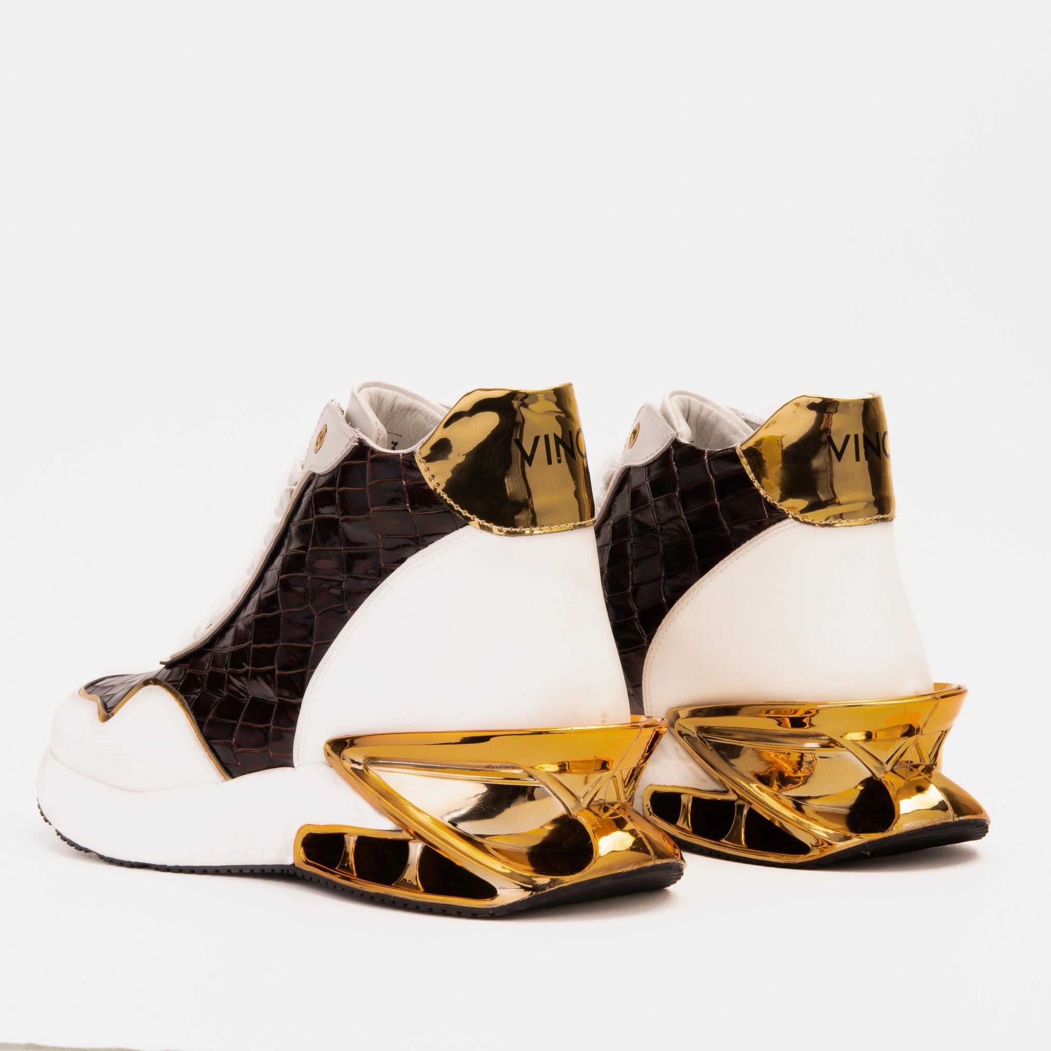 Bellagio White & Gold Leather High-Top Men Sneaker High Top Walking Boots