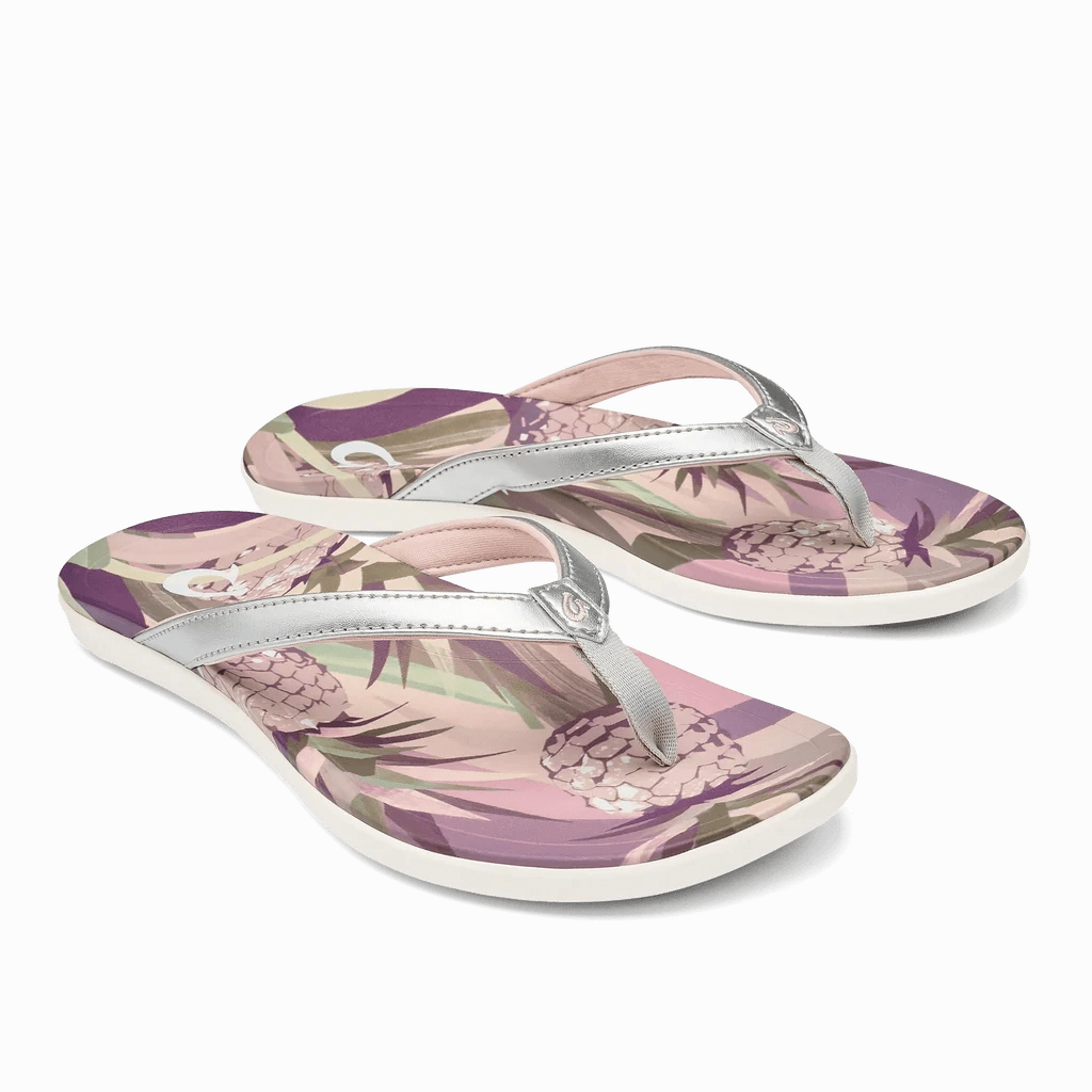 Custom Sand Imprint Flip Flops Olukai Women's Ho'opio Hau - Silver/Pineapple