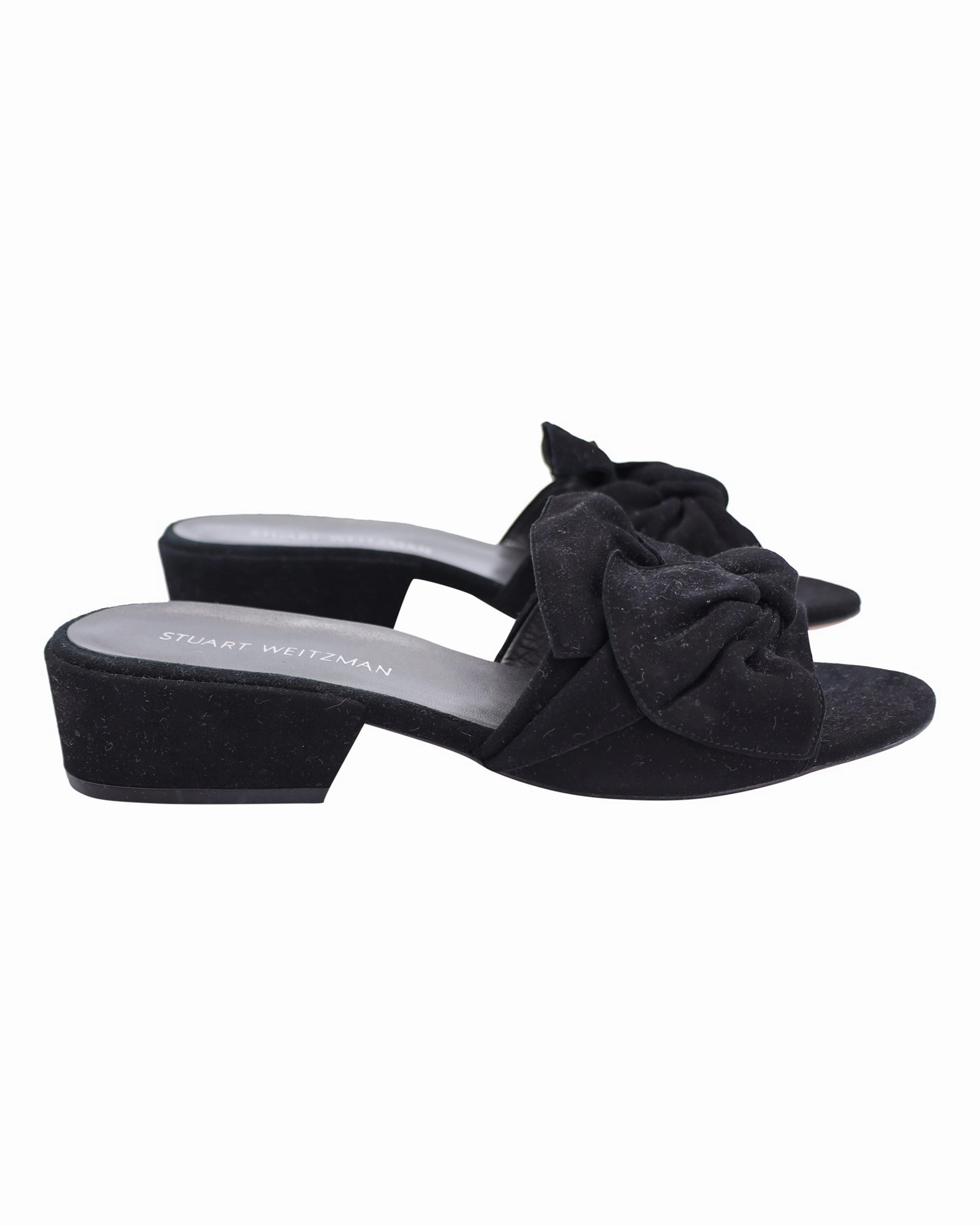 Stuart Weitzman Bow Block-Heel Slides in Black Suede Slippers Lambskin