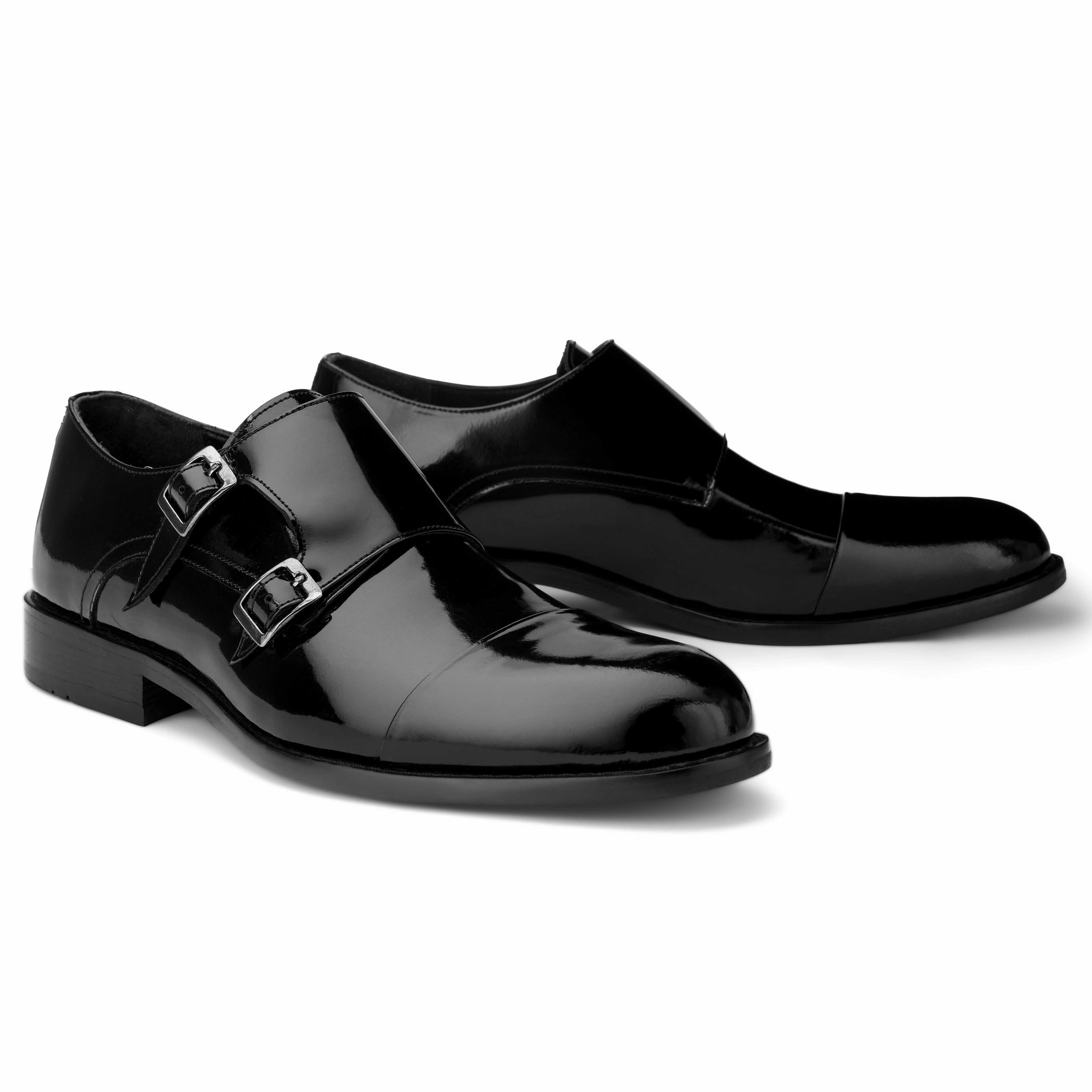 Leather Lace Up Dress Shoes Brio Classic Gloss Double-Monk - Black