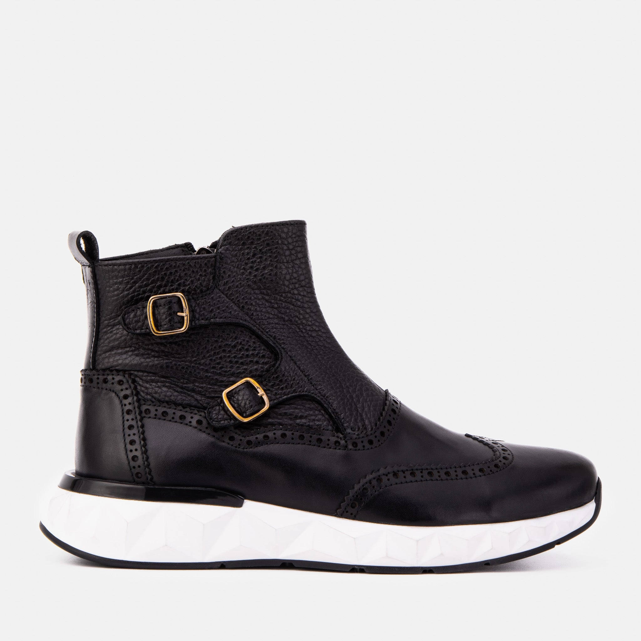 The Stealth Wingtip Buckle Black Leather Men Boot High Boots Leather