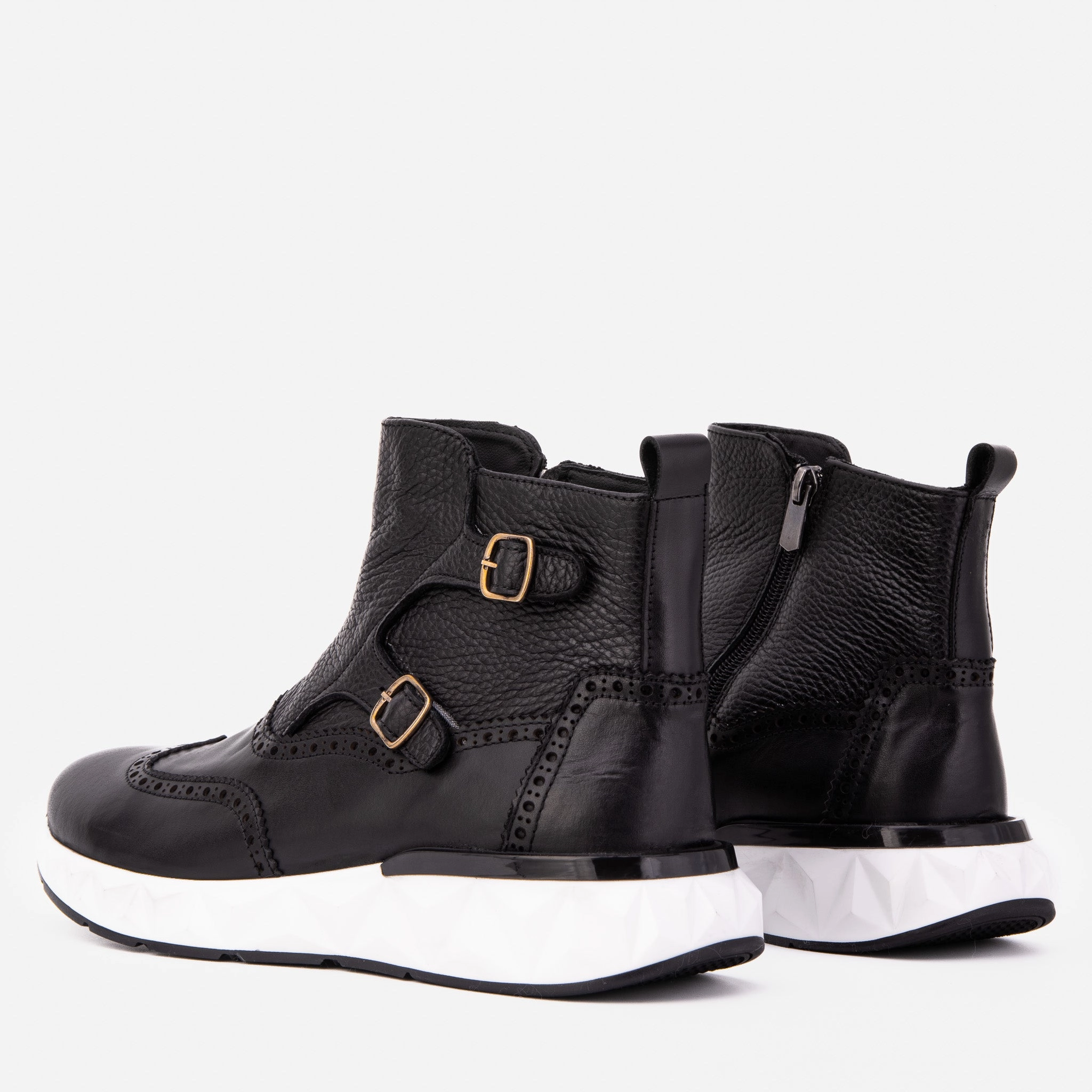 The Stealth Wingtip Buckle Black Leather Men Boot Knee High Fur Boots Heels