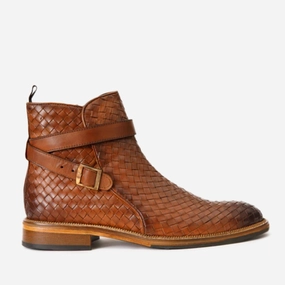 The Morral Tan Handwoven Leather Cross Strap Buckle Zip-Up Men Boot Arctic Boots