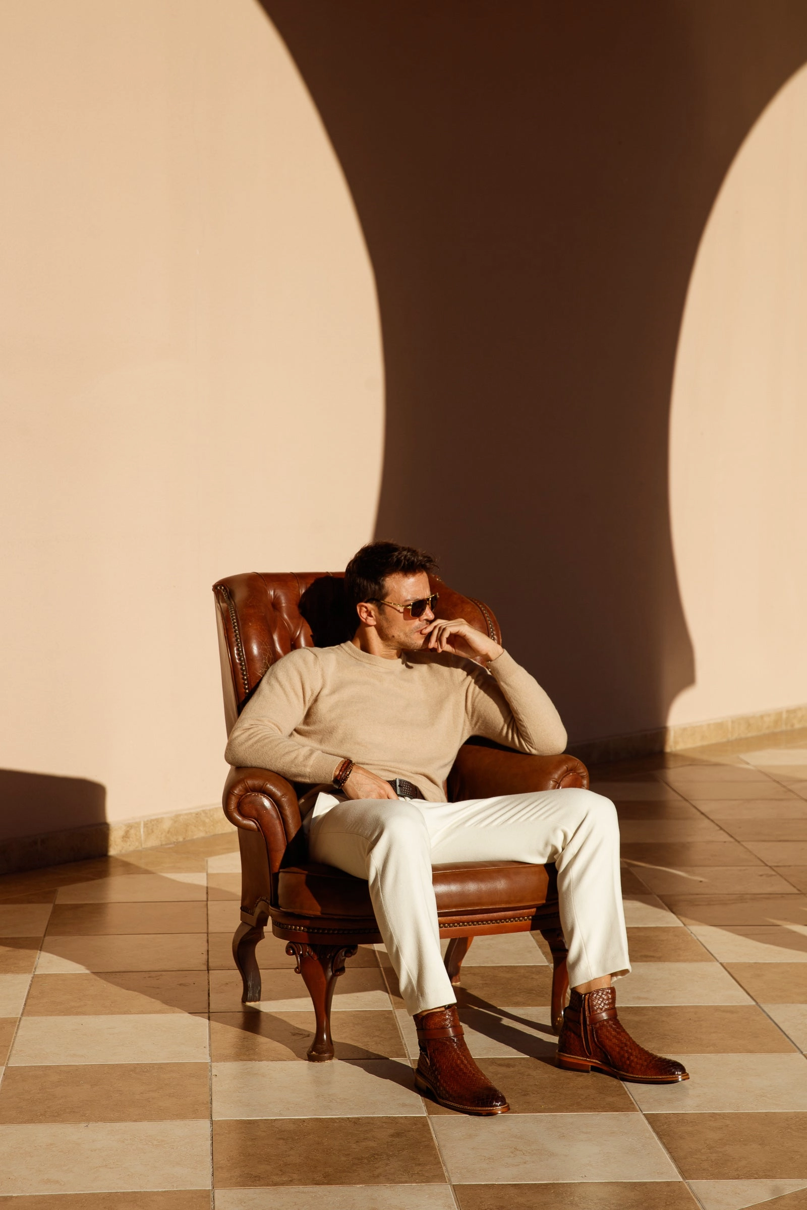 Boots On The Ground The Morral Tan Handwoven Leather Cross Strap Buckle Zip-Up Men Boot