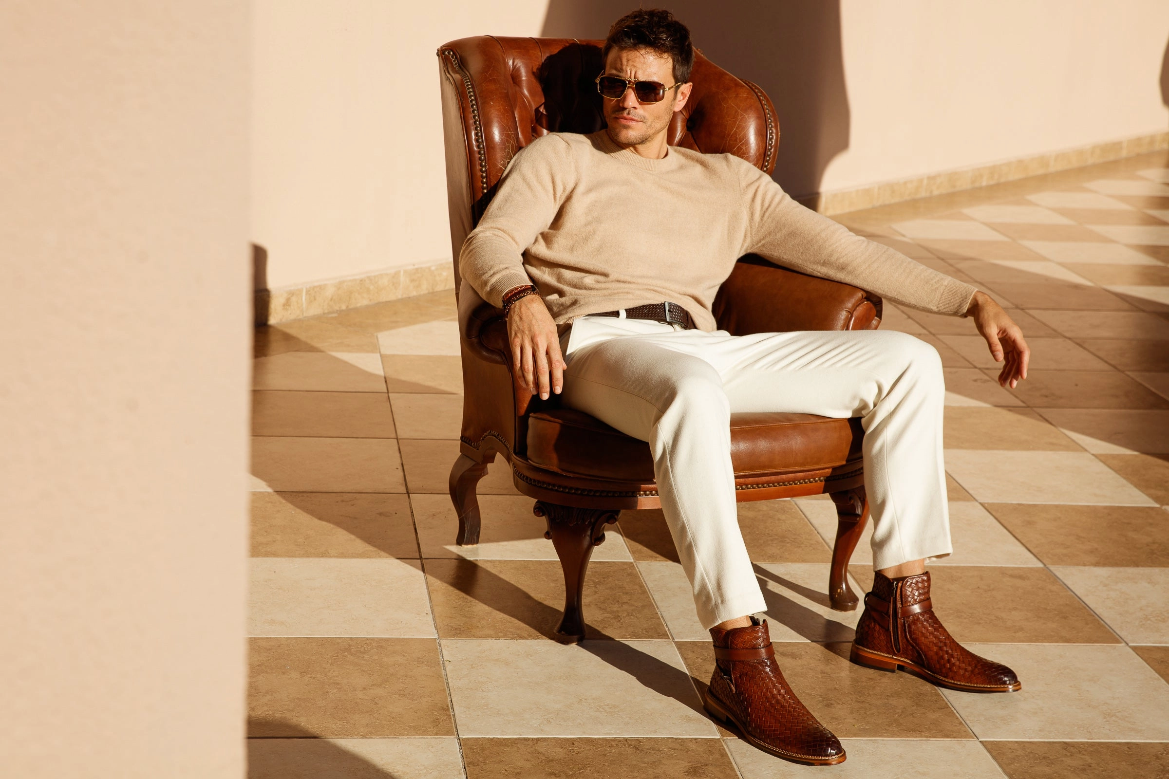 The Morral Tan Handwoven Leather Cross Strap Buckle Zip-Up Men Boot Toeless Boots Heels