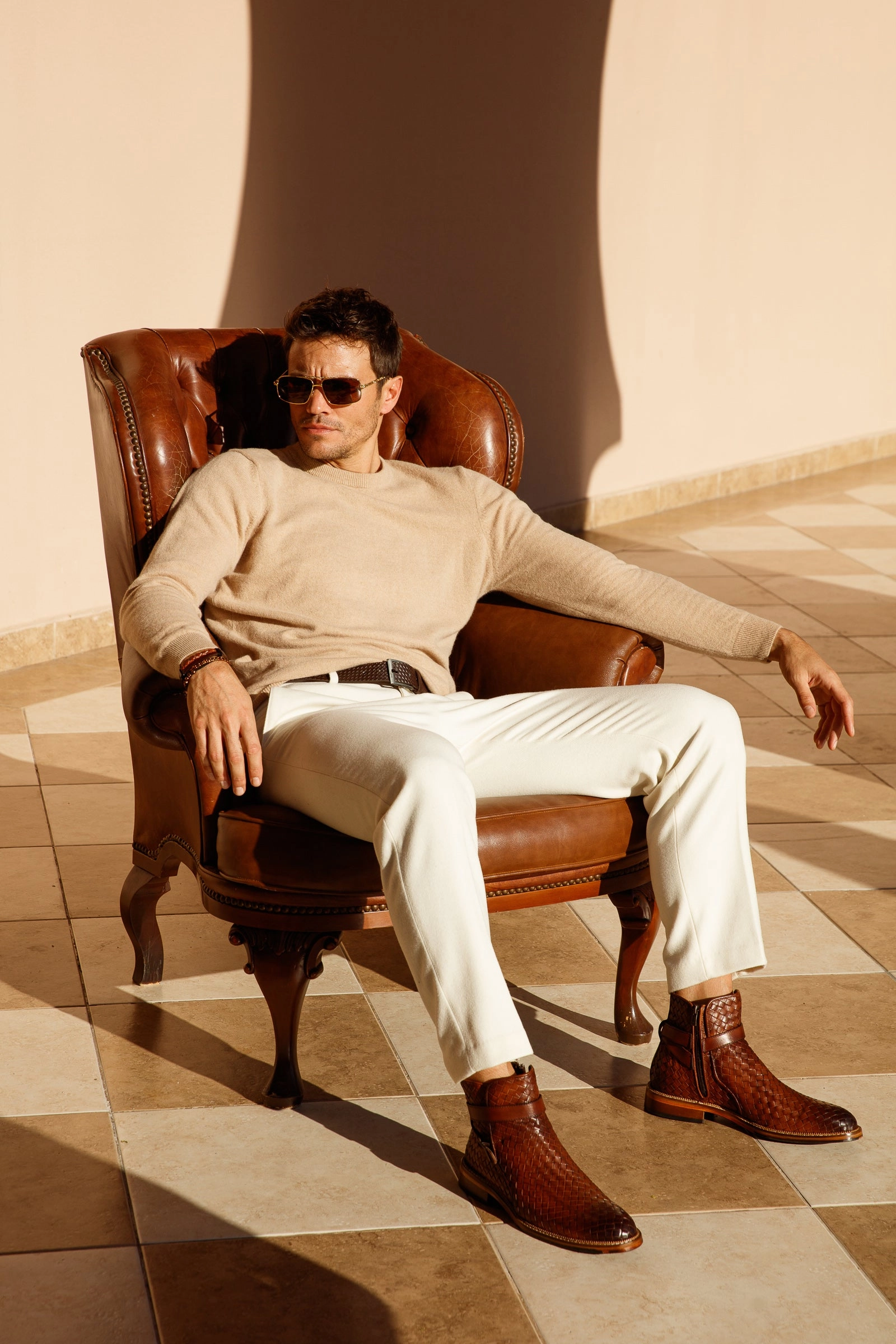 The Morral Tan Handwoven Leather Cross Strap Buckle Zip-Up Men Boot Suede Riding Boots