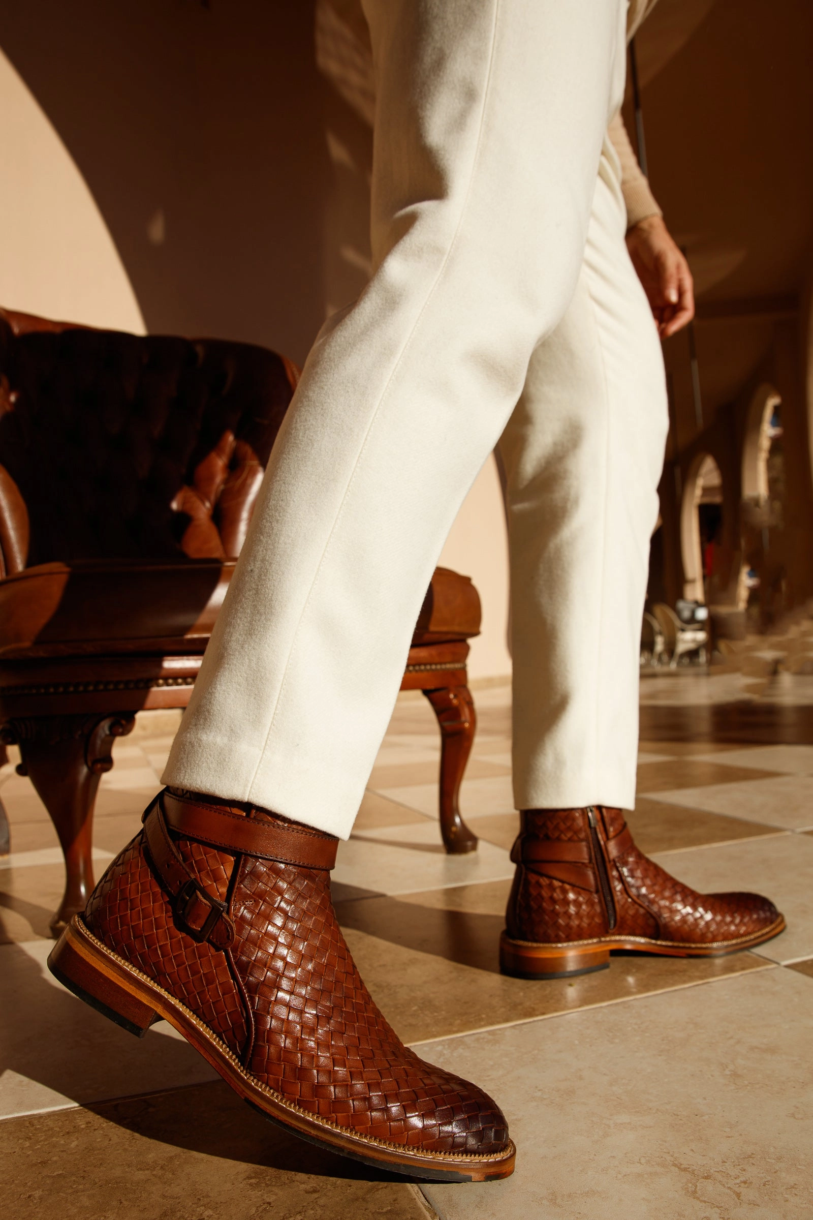 Work Boots For Construction The Morral Tan Handwoven Leather Cross Strap Buckle Zip-Up Men Boot