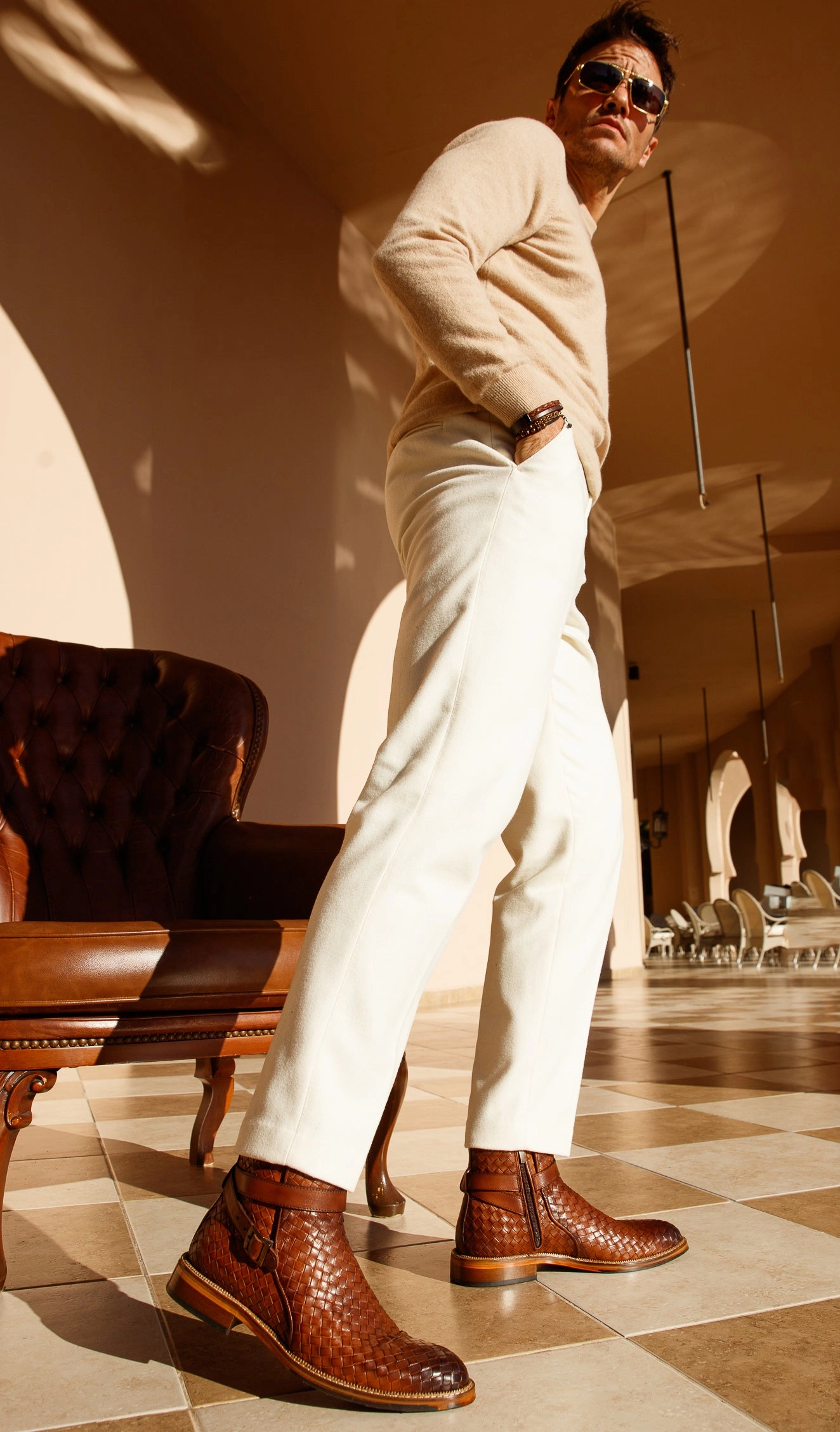 The Morral Tan Handwoven Leather Cross Strap Buckle Zip-Up Men Boot Insulated Hiking Boots