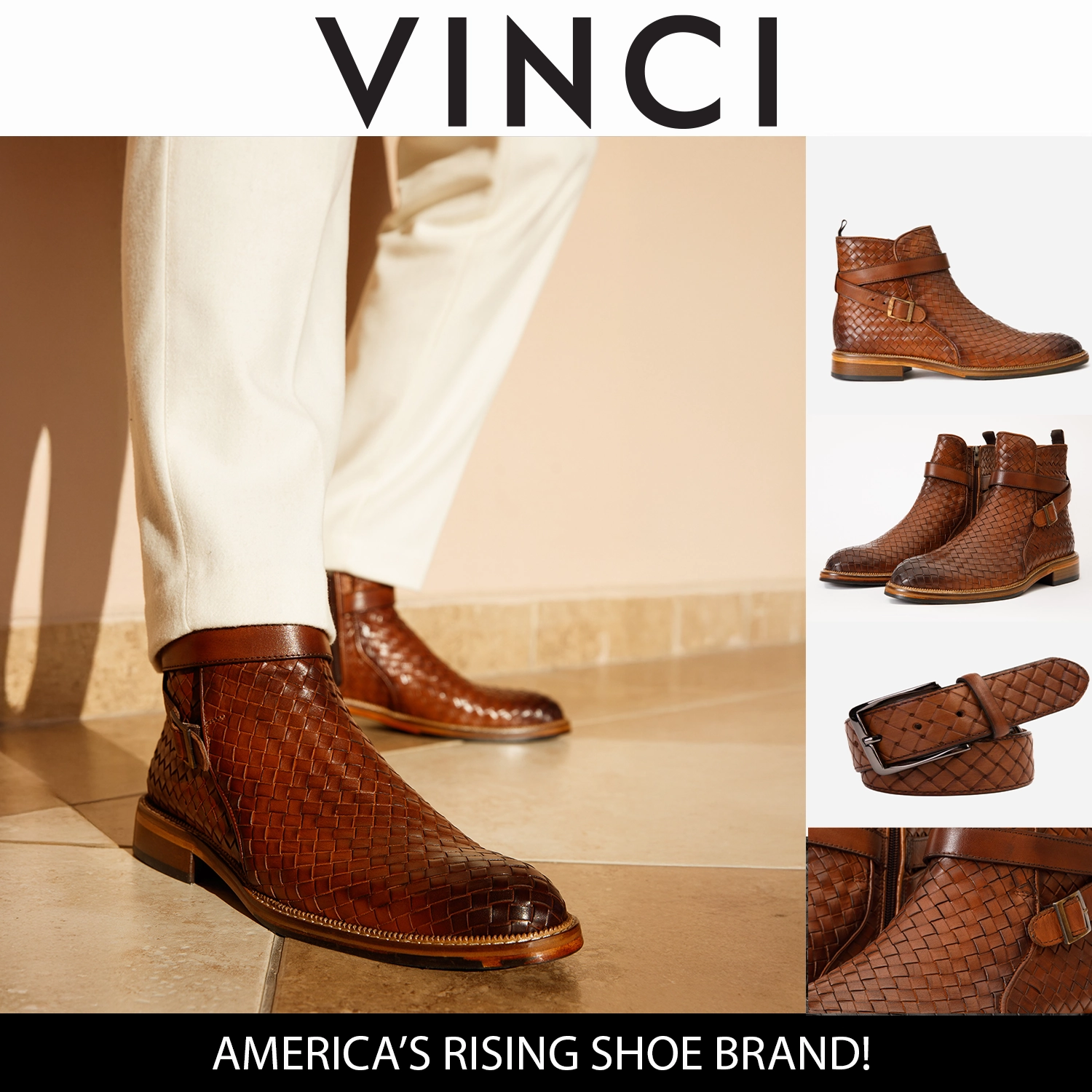 Quinceanera Boots The Morral Tan Handwoven Leather Cross Strap Buckle Zip-Up Men Boot