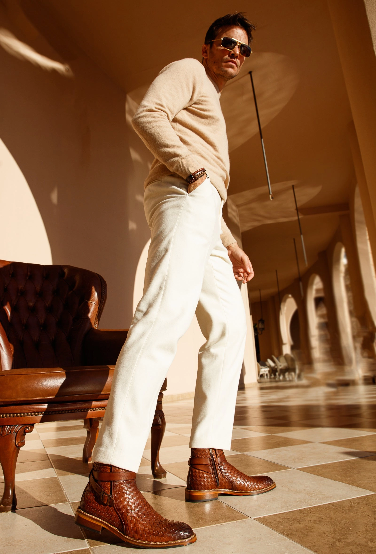 Fringe Ankle Boots The Morral Tan Handwoven Leather Cross Strap Buckle Zip-Up Men Boot