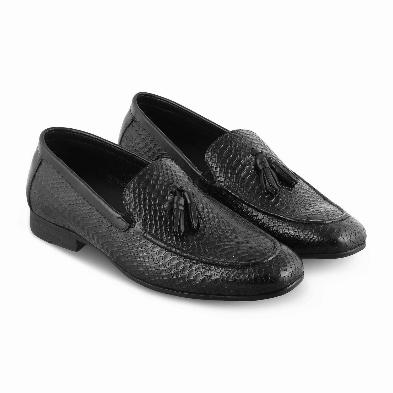 The Cytas Black Men's Leather Tassel Loafers Tresmode Khaite Loafers