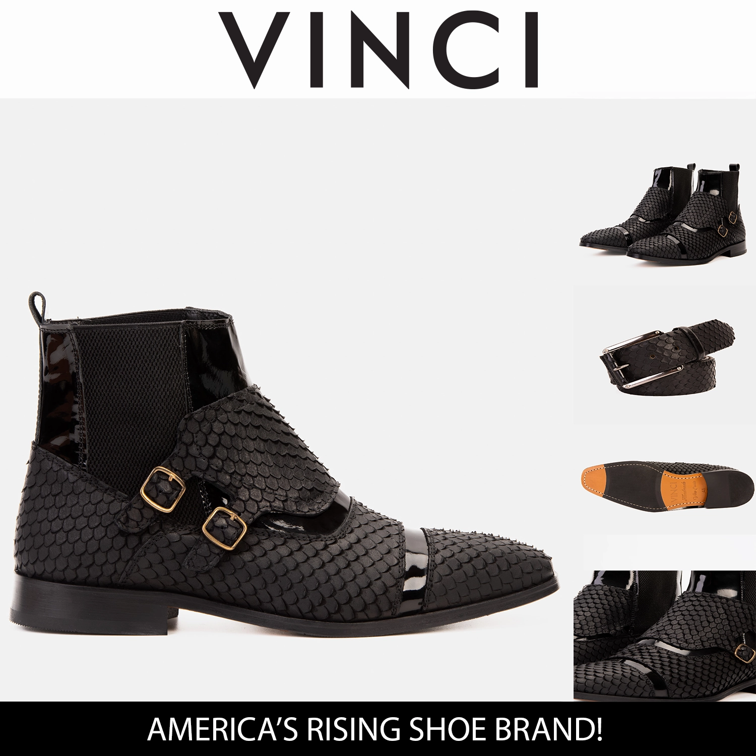 Brogue Boots The Orion Black Snakeskin Pattern Leather Double Monk Strap Men Boot