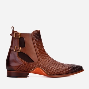 The Rolls Boot Woven Tan Leather Double Monk Strap Handmade Men Shoe Thigh Boots With Heels
