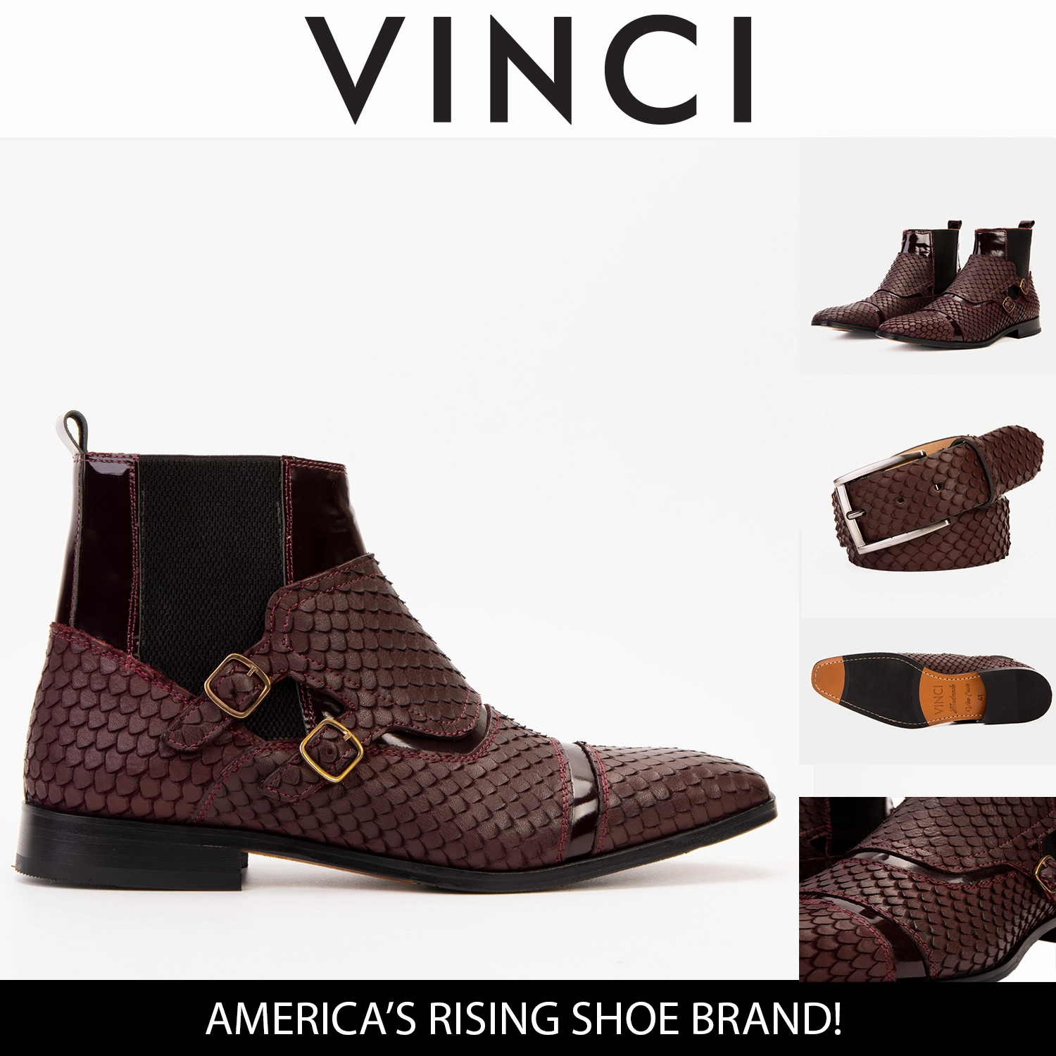 The Orion Burgundy Snakeskin Pattern Leather Double Monk Strap Men Boot Boots That Stretch