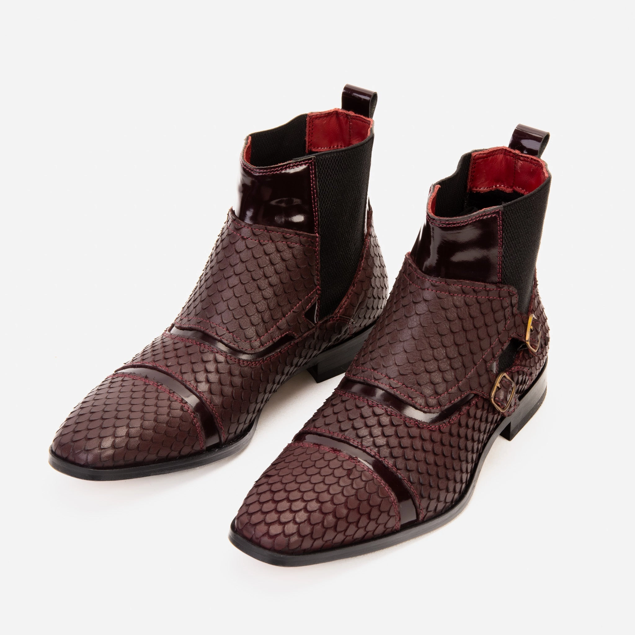 The Orion Burgundy Snakeskin Pattern Leather Double Monk Strap Men Boot Pipedream Boots