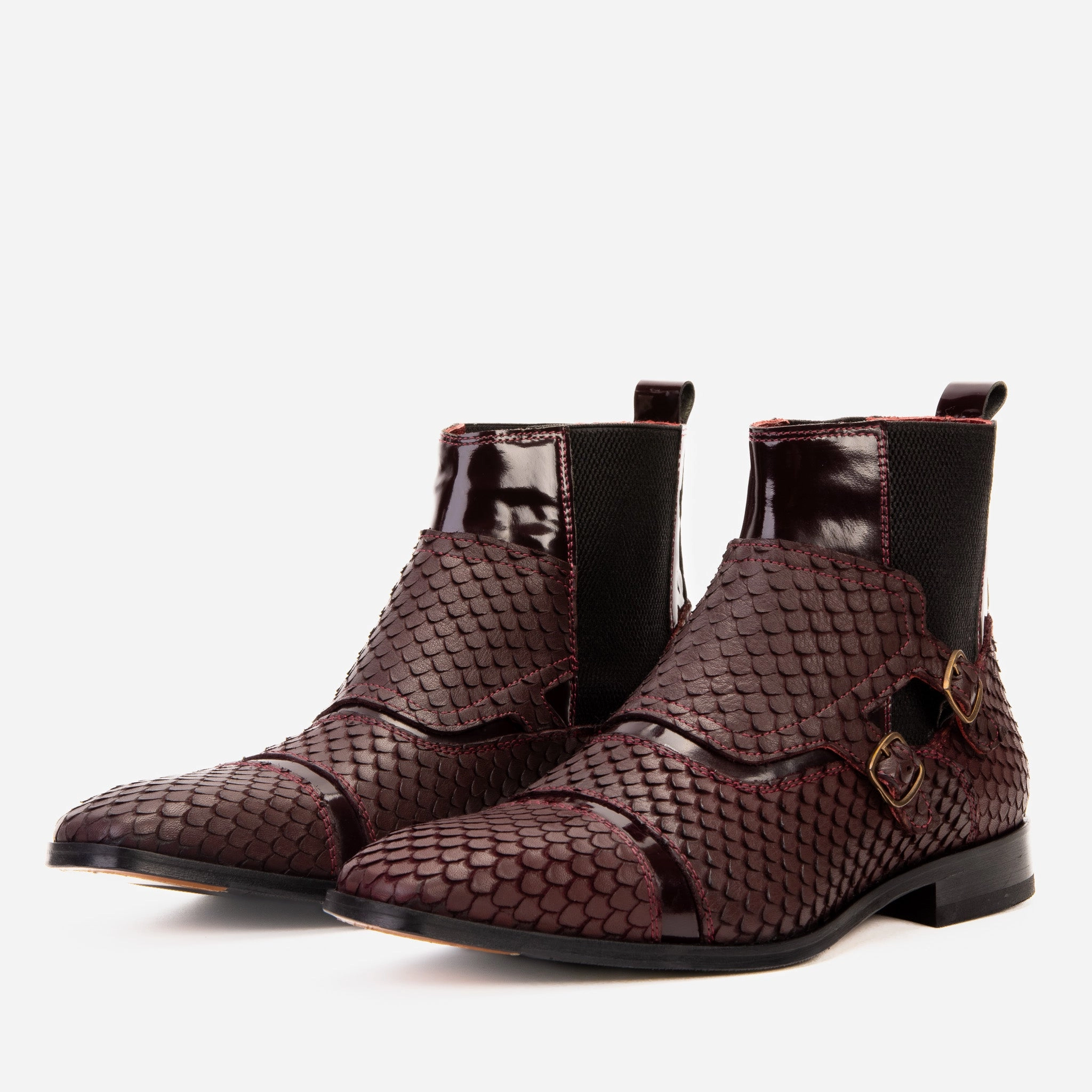The Orion Burgundy Snakeskin Pattern Leather Double Monk Strap Men Boot Boot Jack Boots