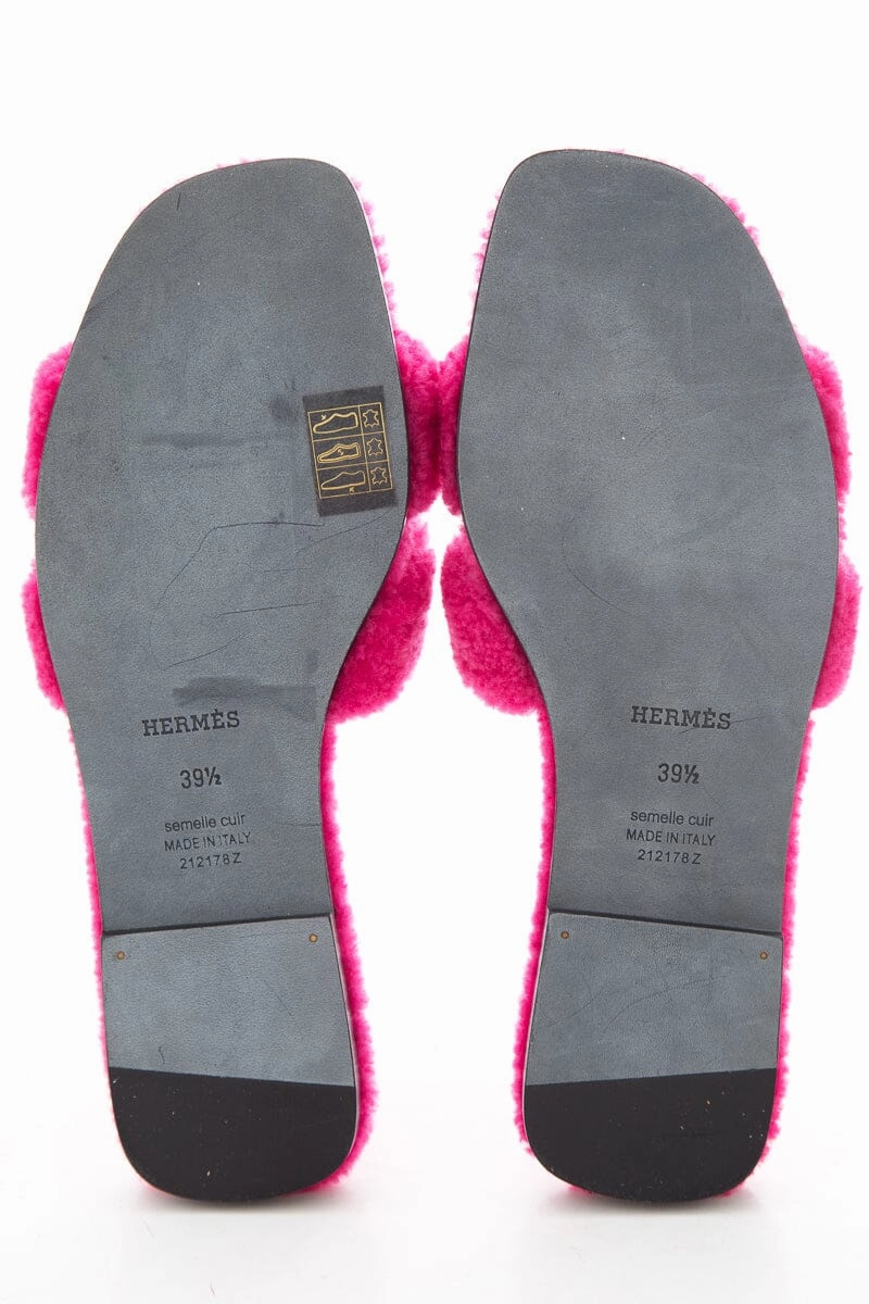Herms Oran Teddy Shearling Fun Pink Slides SZ 39.5 26047 Party Slippers Dr