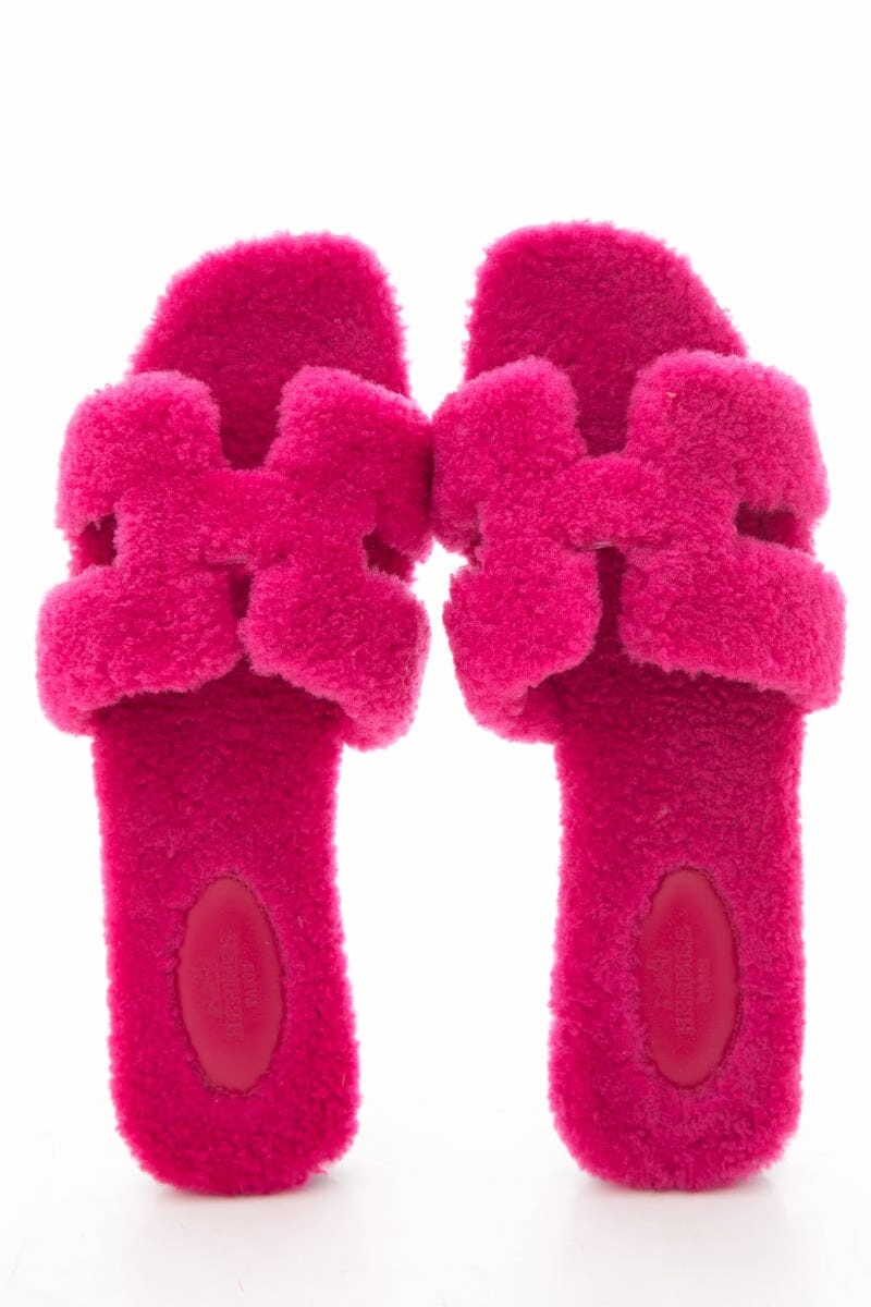 Rams Slippers Herms Oran Teddy Shearling Fun Pink Slides SZ 39.5