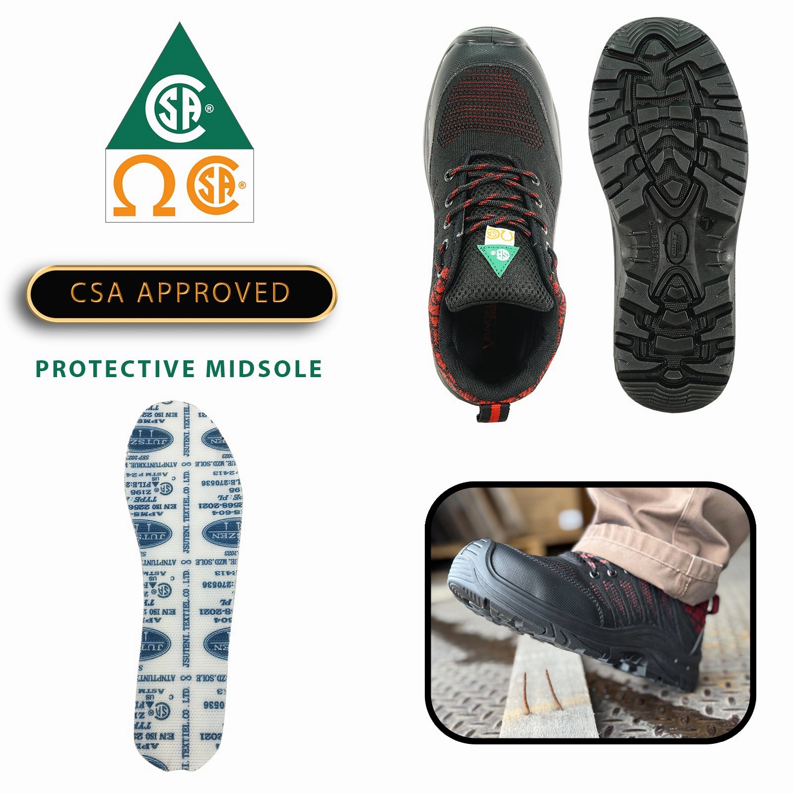 Hiking Boots Boots VANGELO Men Work Safety Shoe HELMUT-1 CSA Certified Steel Toe Protection Black/Red