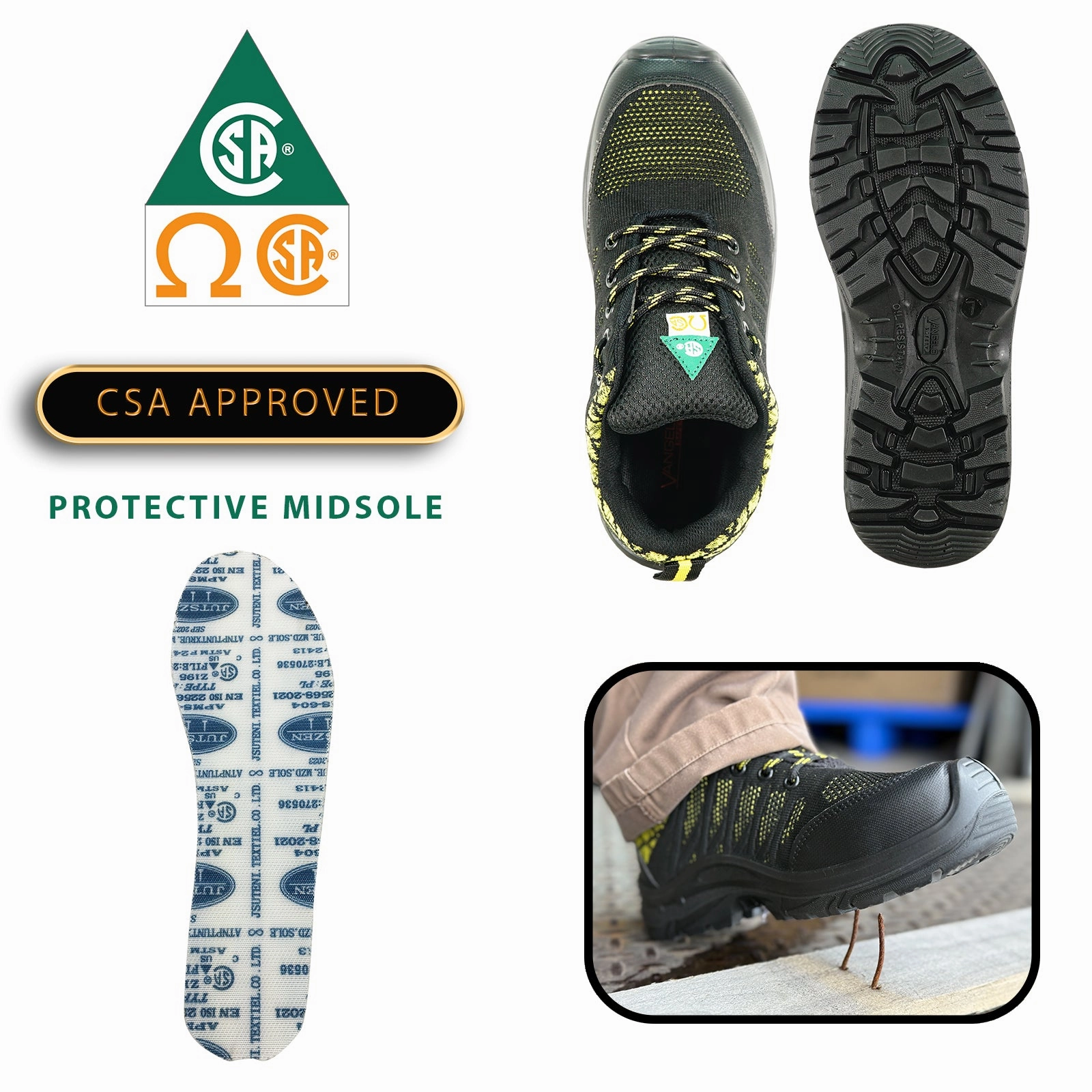 VANGELO Men Work Safety Shoe HELMUT-1 CSA Certified Steel Toe Protection Black/Yellow Splint Boots