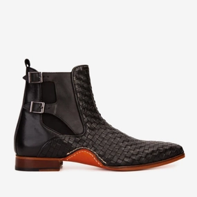 Leather Moto Boots The Rolls Boot Woven Black Leather Double Monk Strap Handmade Men Shoe