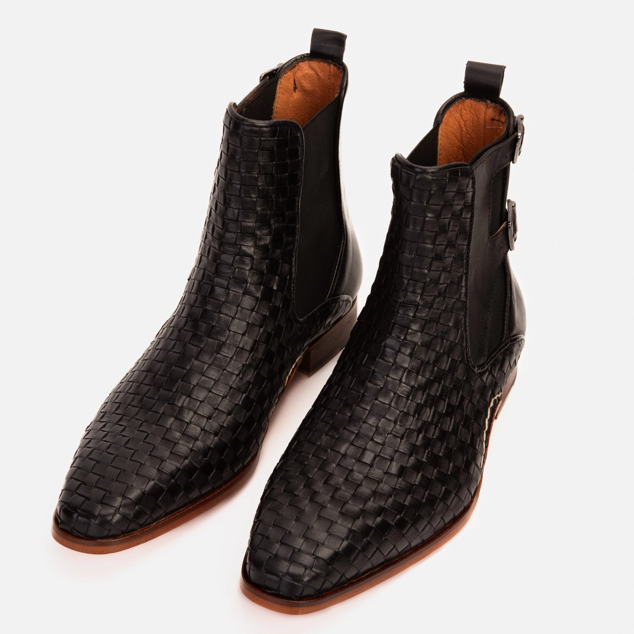 Black Furry Boots The Rolls Boot Woven Black Leather Double Monk Strap Handmade Men Shoe