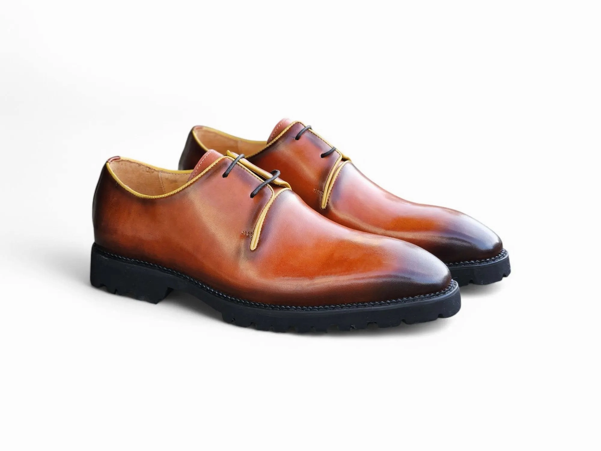 Leather Lace Up Boat Shoes Whole Cut Derby With Lug Sole