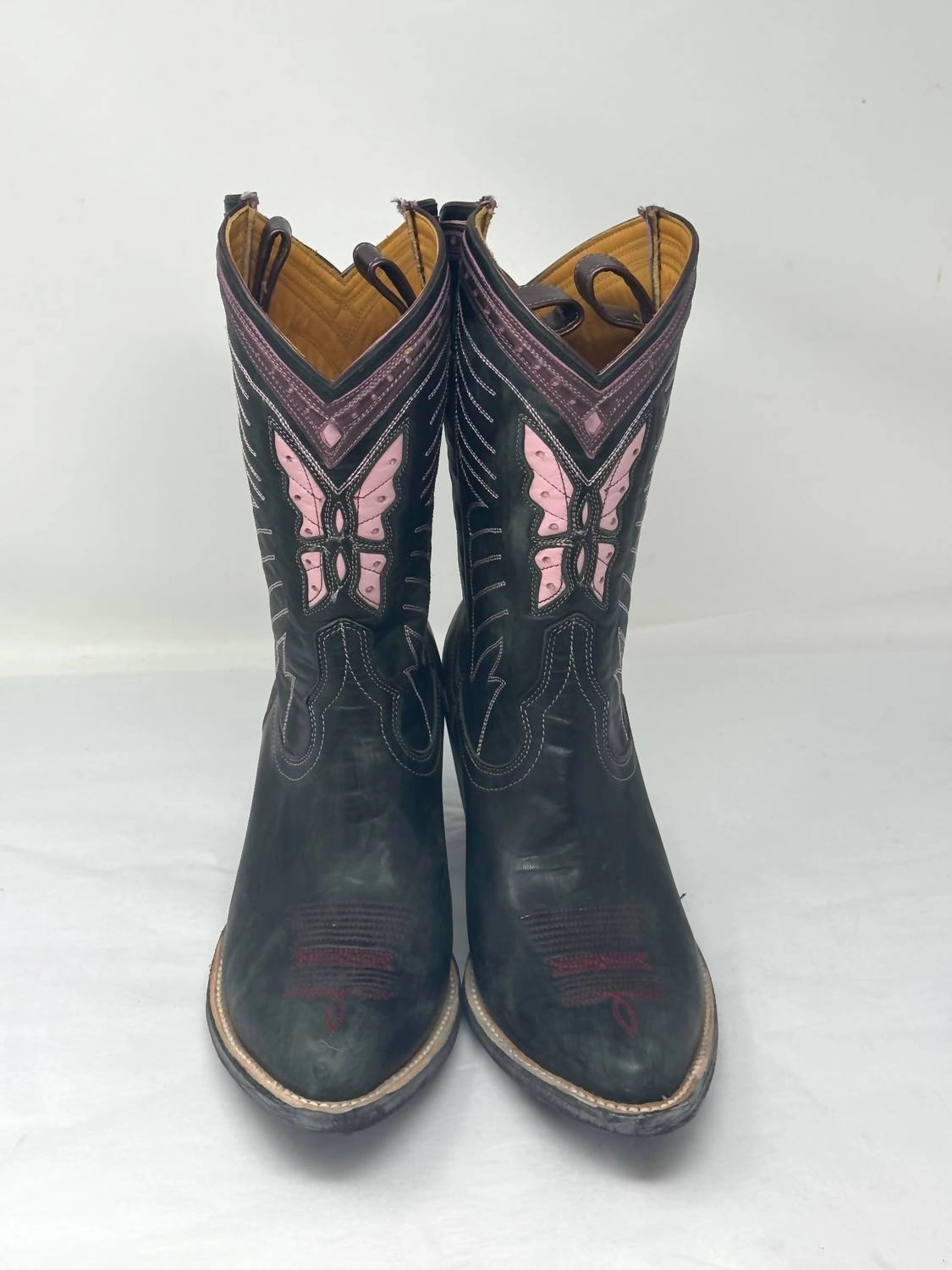 Grey Cowgirl Boots Women's Leather Butterfly Cowboy Boots In Pink