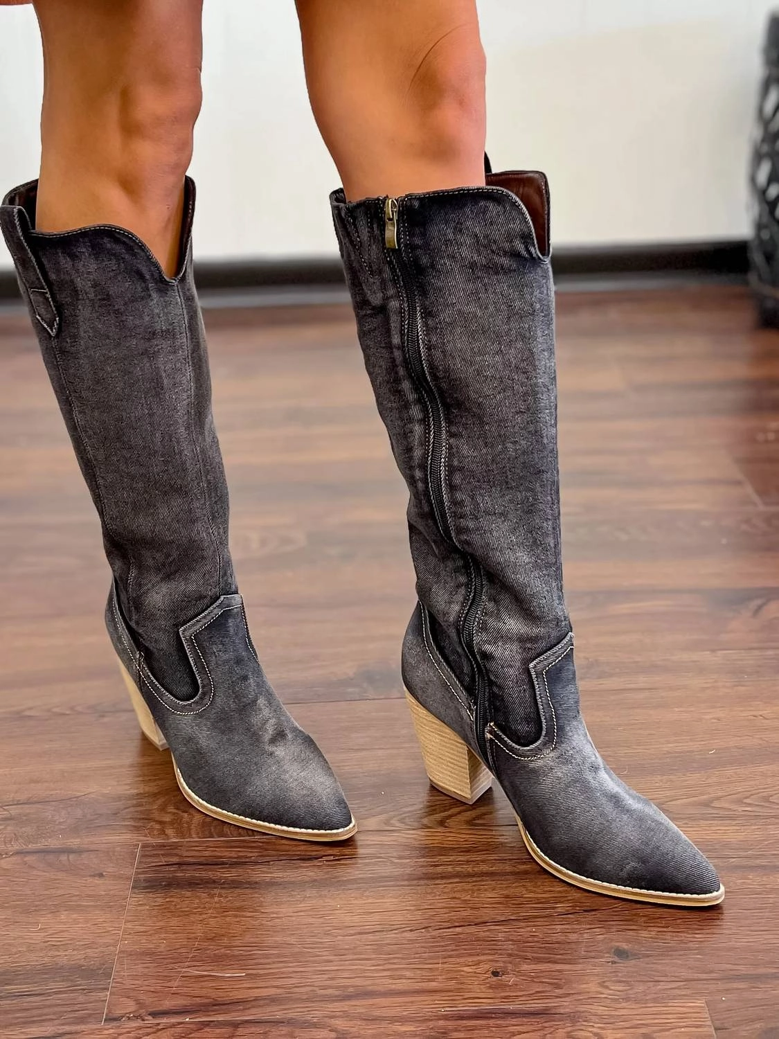 Women's Talk Is Cheap Washed Boots In Dark Denim Fancy Boots