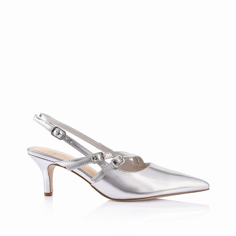 Block High Heel Sandals Zedd Point Toe Kitten Heels - Silver Metallic